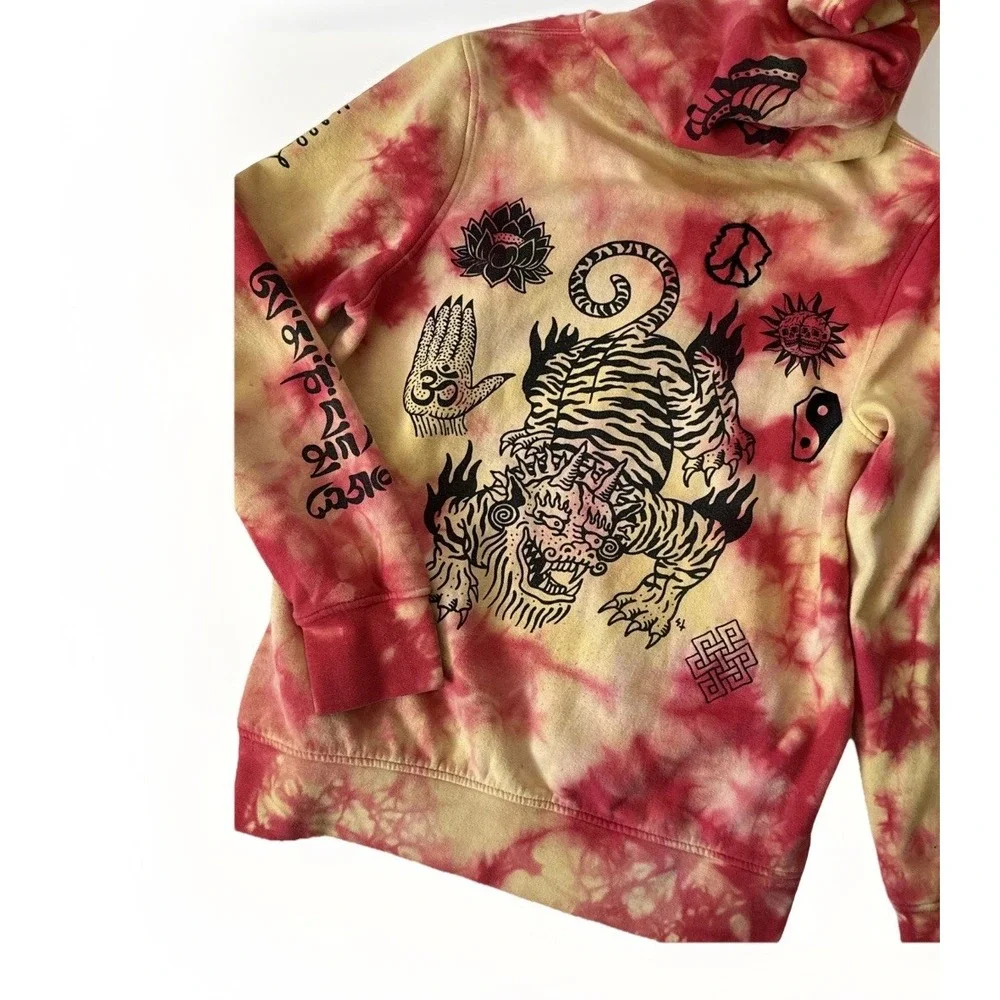 Vintage Y2K Dragon Embroidered Tie Dye Tribal Hoodie Sweatshirt 2000s Pullover‎